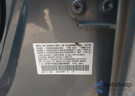 2009 Honda Pilot Ex-L from USA, damaged, VIN 5FNYF48529B048607